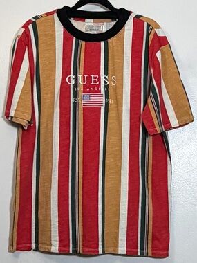 GUESS Multicolor Vertical Stripe Logo Tee with Black Collar